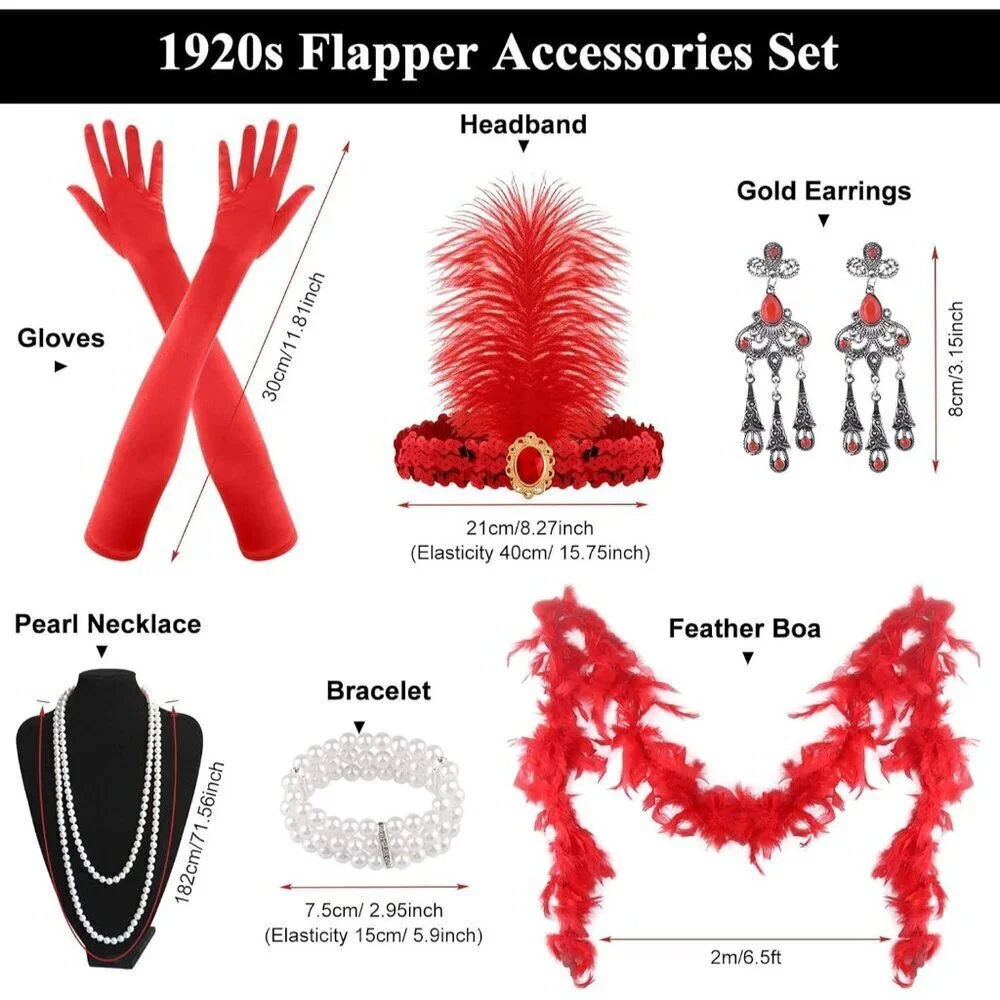 1920s Flapper Accessories Set Vintage Headband Gloves Pearl Necklace